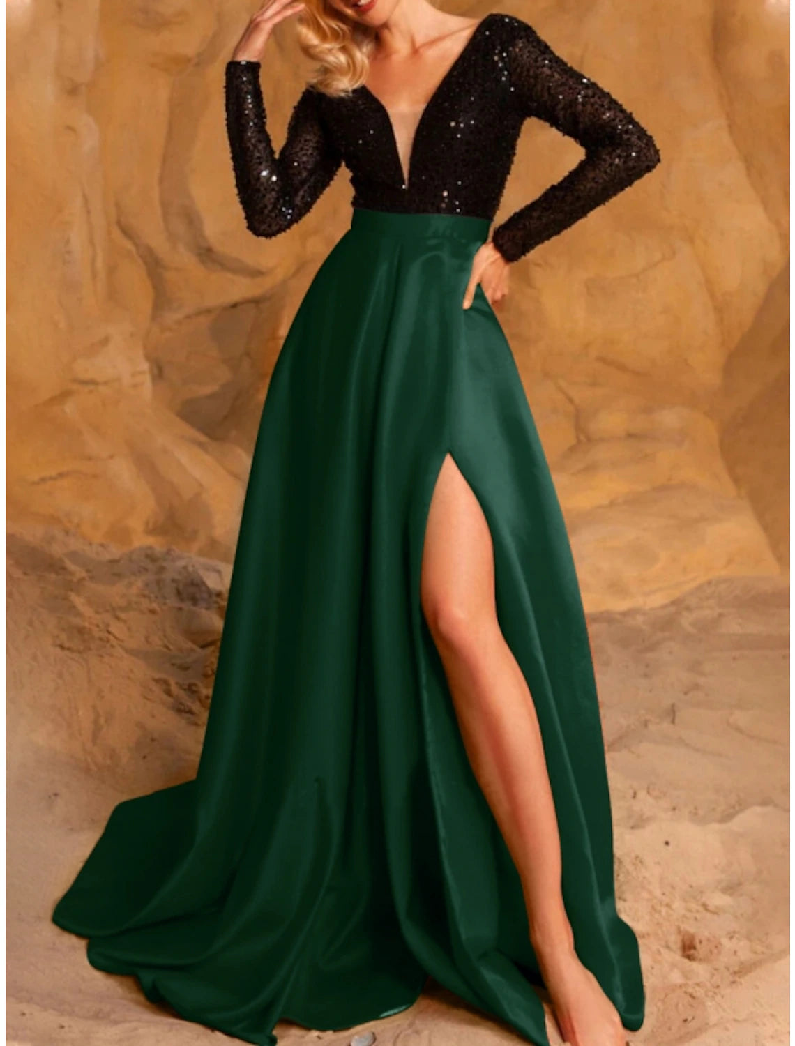 A-Line Evening Gown High Split Dress Formal Wedding Guest Sweep / Brush Train Long Sleeve V Neck Satin with Pleats Slit 2025